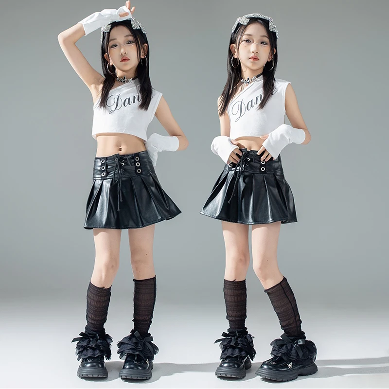 

Children's Clothing Summer Jazz Dance Costume Hip Hop Street Dance Wear White Vest Black Mini Skirt Girls Kpop Stage Outfit 3383