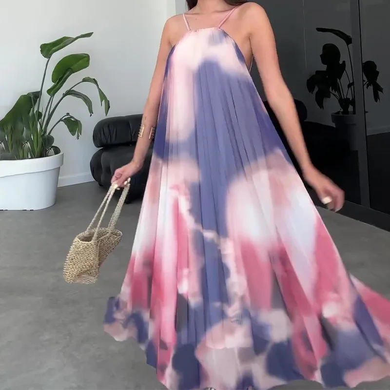 

Fashion Vacation Style Strappy Dress Sexy Print Backless Party Gowns Loose Comfortable Long Dress for Women Summer Lady Clothing