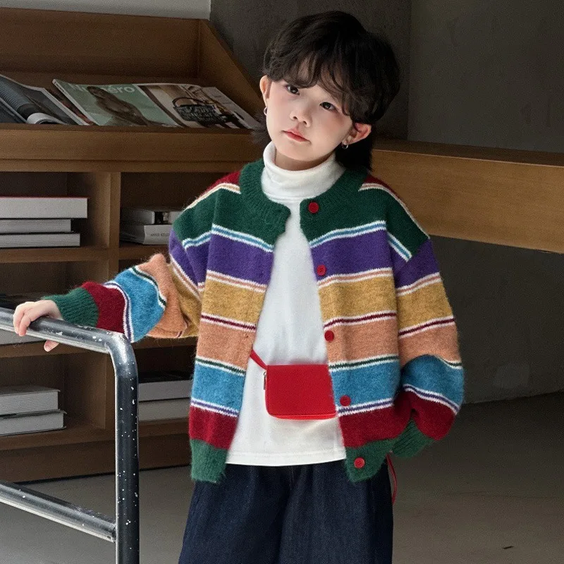 

Boys Girls Knitted Cardigan 2025 Autumn Winter Jackets for Kids Rainbow Children Sweater Warm Teenager Coats Baby Outerwear