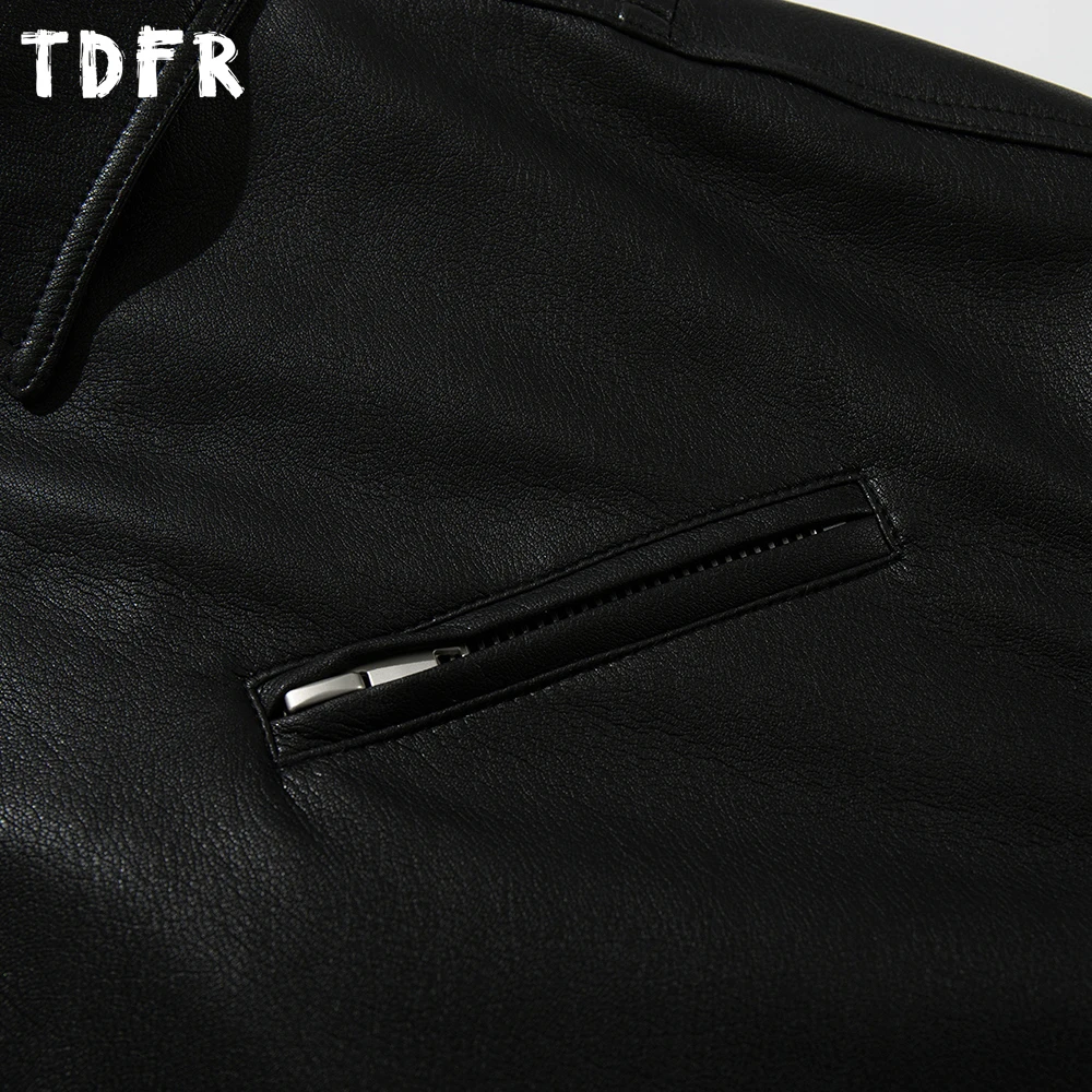 الرجعية بلون بولي Leather سترة جلدية رجالي شتاء عادية سميكة جيب التلبيب كم طويل مبطن سترة رجل