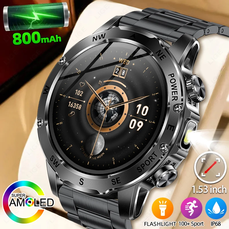 

LIGE военные умные часы для мужчин 800 мАч BT Call Smartwatch фонарик 3ATM водонепроницаемые 100 + спортивные фитнес-трекер часы шагомер