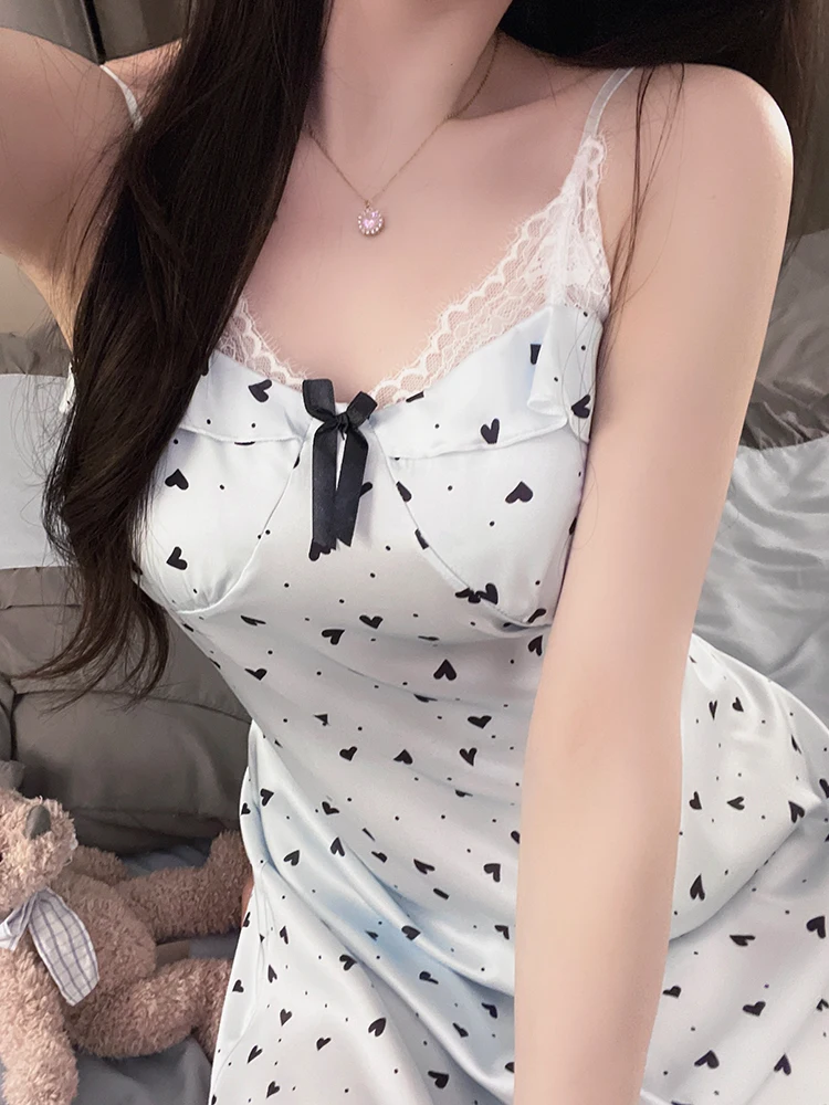 DAIMELU Sexy pure lust lace stunning nightgown women's summer ice silk sleepwear chest pad deep V pajamas dating robe bed nighty