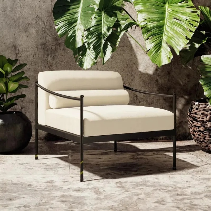 Retro outdoor sofa with stainless steel frame and low linen cushions, full-color printed garden chair