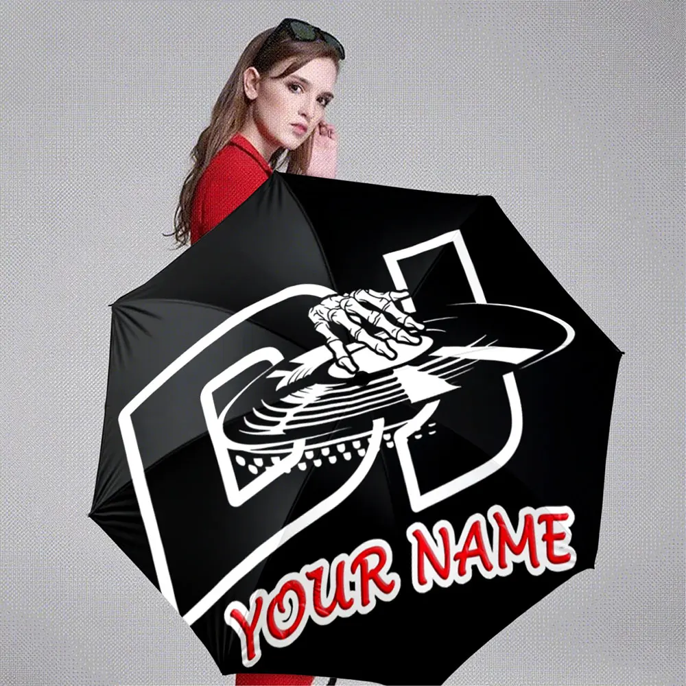 Custom Name Umbrella DJ Vinyl Record Design with Hand Graphic on Black Portable Folding Umbrella,Christmas Gift