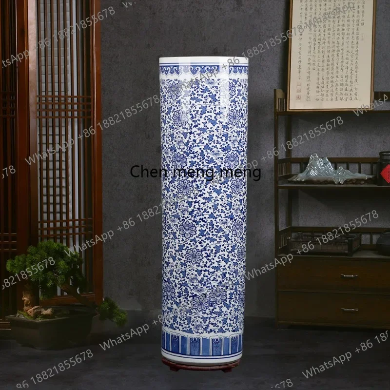 G153 Ceramic blue vase painting and calligraphy cylinder scroll calligraphy and painting storage Chinese decorative ornament