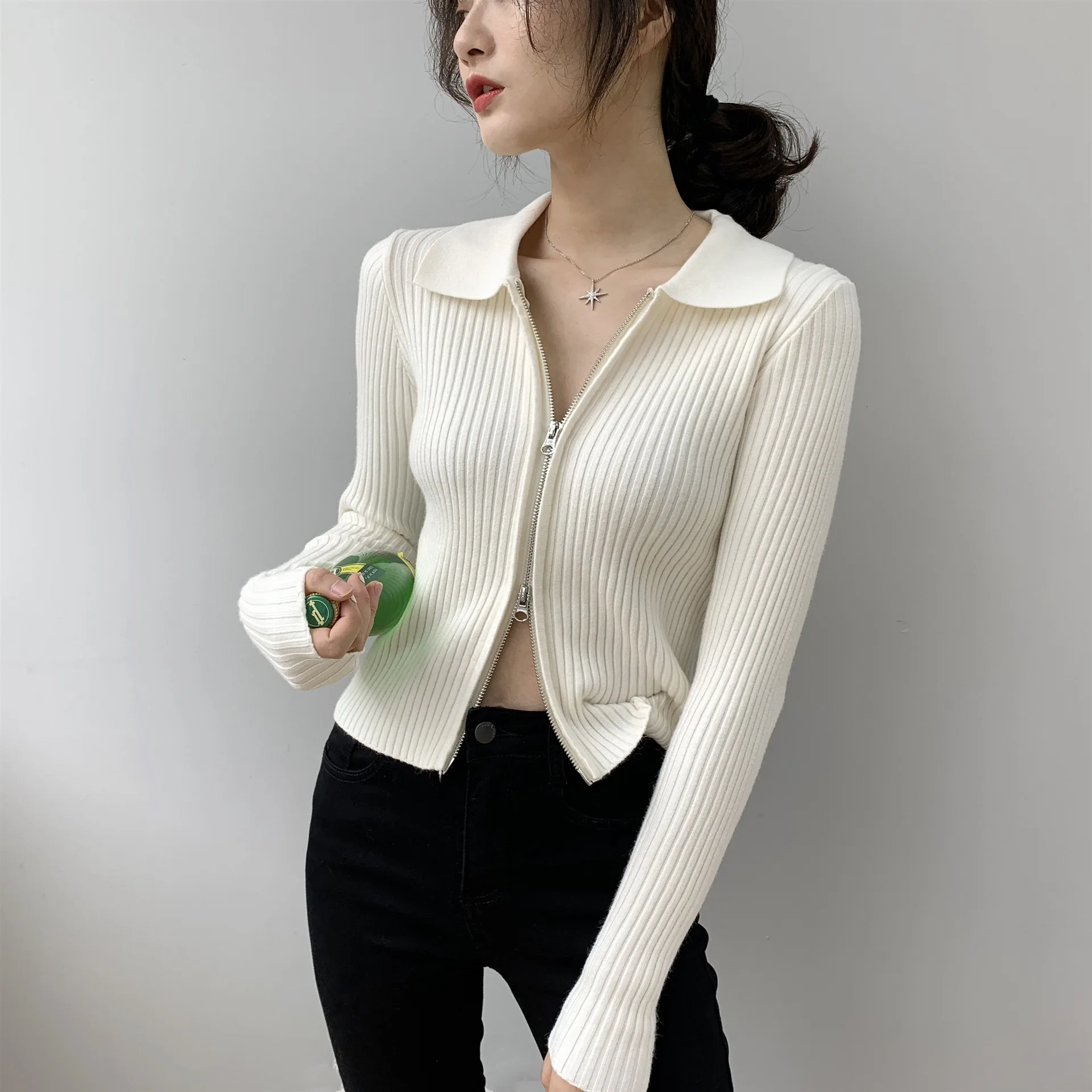 2024 Women Spring Sweater Knit Drouble Zip Design Sexy Slim Cardigans Turn Down Collar Sweater Casual Korean Fashion Tops