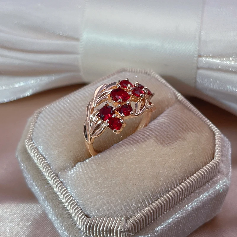 SYOUJYO Red Shiny Natural Stone Rings For Women 585 Rose Gold Color Elegant Vintage Bride Wedding Jewelry Family Party Best Gift