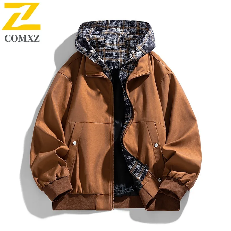 

COMXZ 2025 Vintage Faux Two-Piece Men'S Jacket Spring and Autumn Large-Sized Hooded Jacket Warm Fashionable and Trendy Jacket