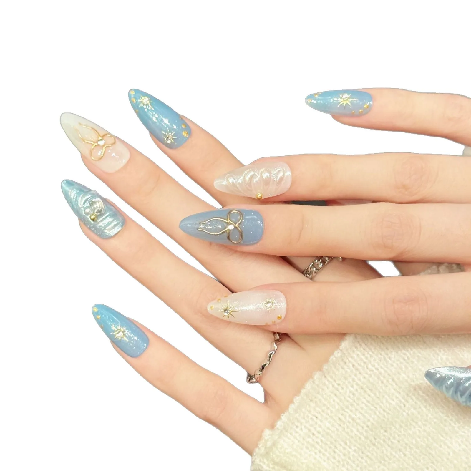 10 stuks amandelvormige pers op nagels handgemaakte blauw witte aurora gouden strik kraal ontwerp nepnagels draagbare nail art tips voor meisjes