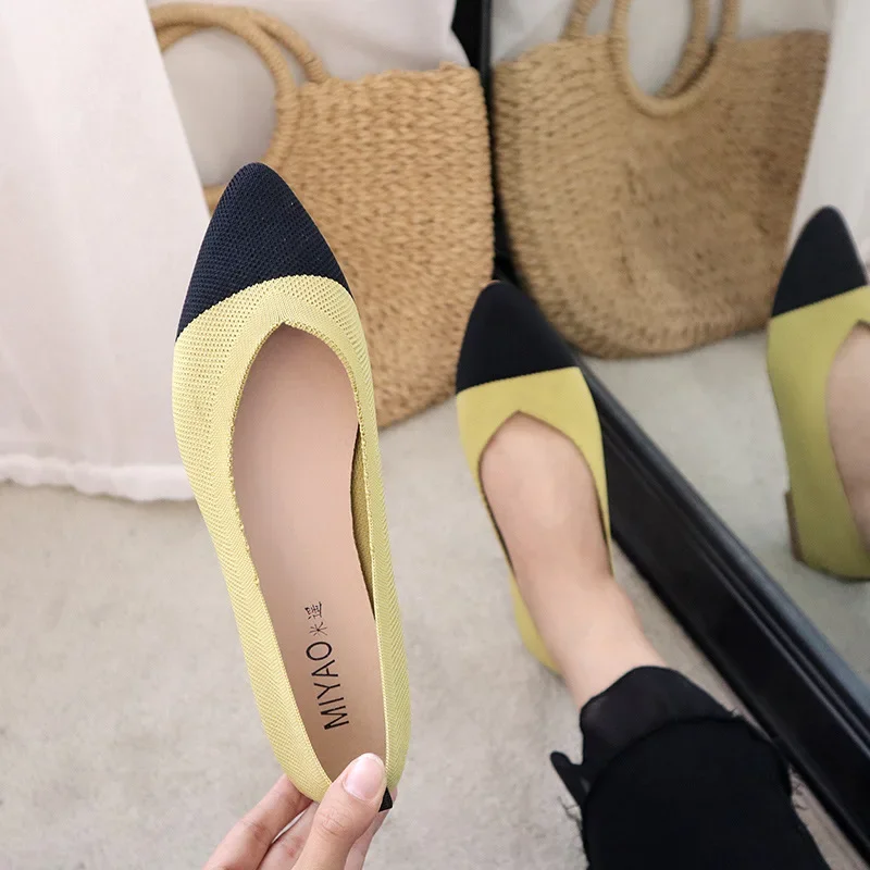 Casual Knitted Flat Shoes Women Pointed Toe Soft Sole Single New Simple Splicing Shallow Mouth Comfort House Shoes 2024