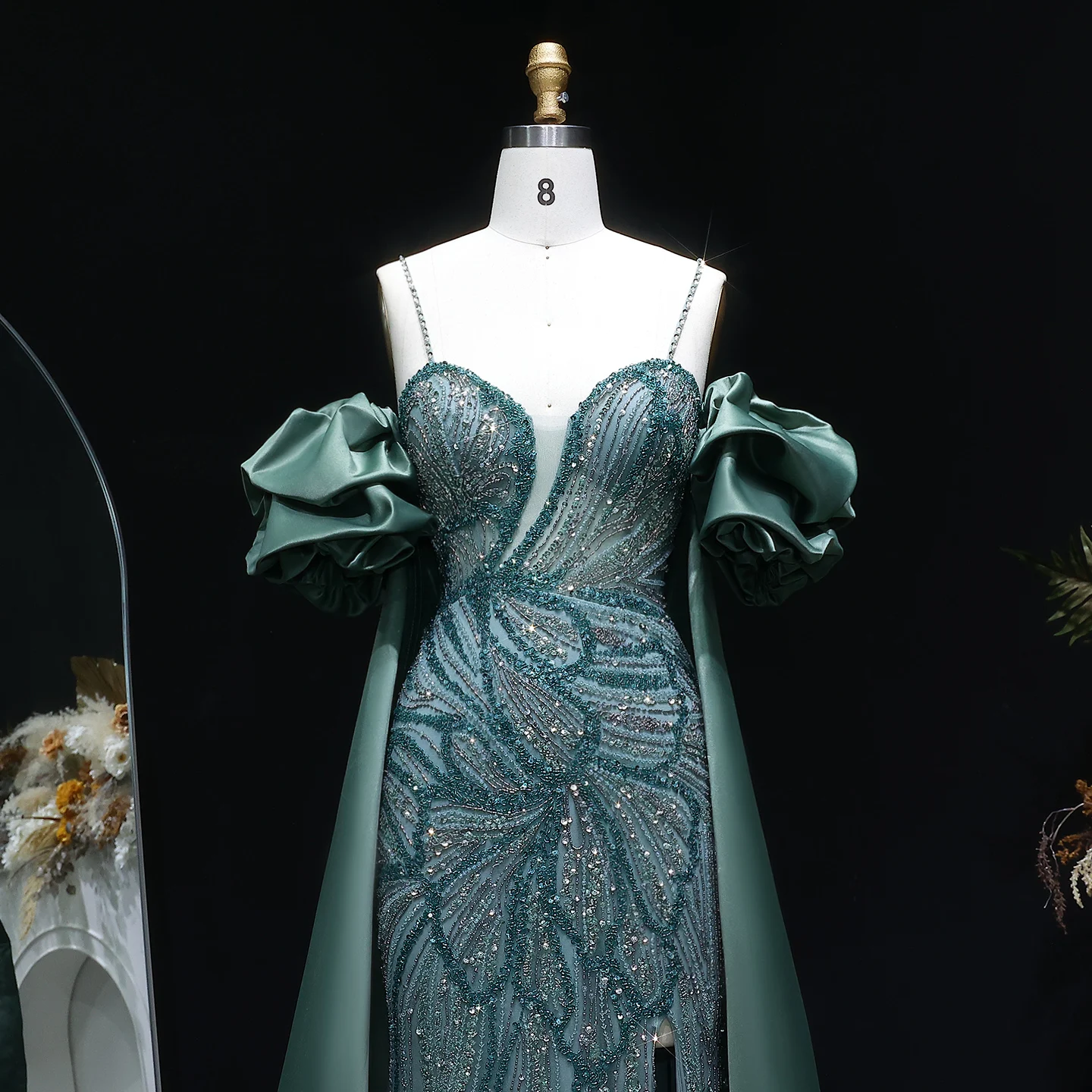 Sharon Said Elegantes Grünes Meerjungfrauenkleid mit Perlenstickerei, Schulterfrei, mit Satinumhang, Damen-Partykleid, SS157, Anpassbar – Detail 5