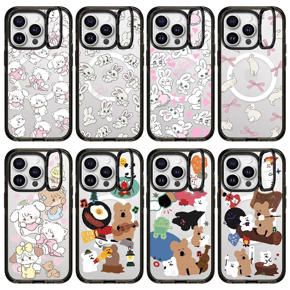 

Folding Lens Ring Stand Acrylic Border Protective iPhone Case Cover for 16 15 14 13 12 Pro Max Case