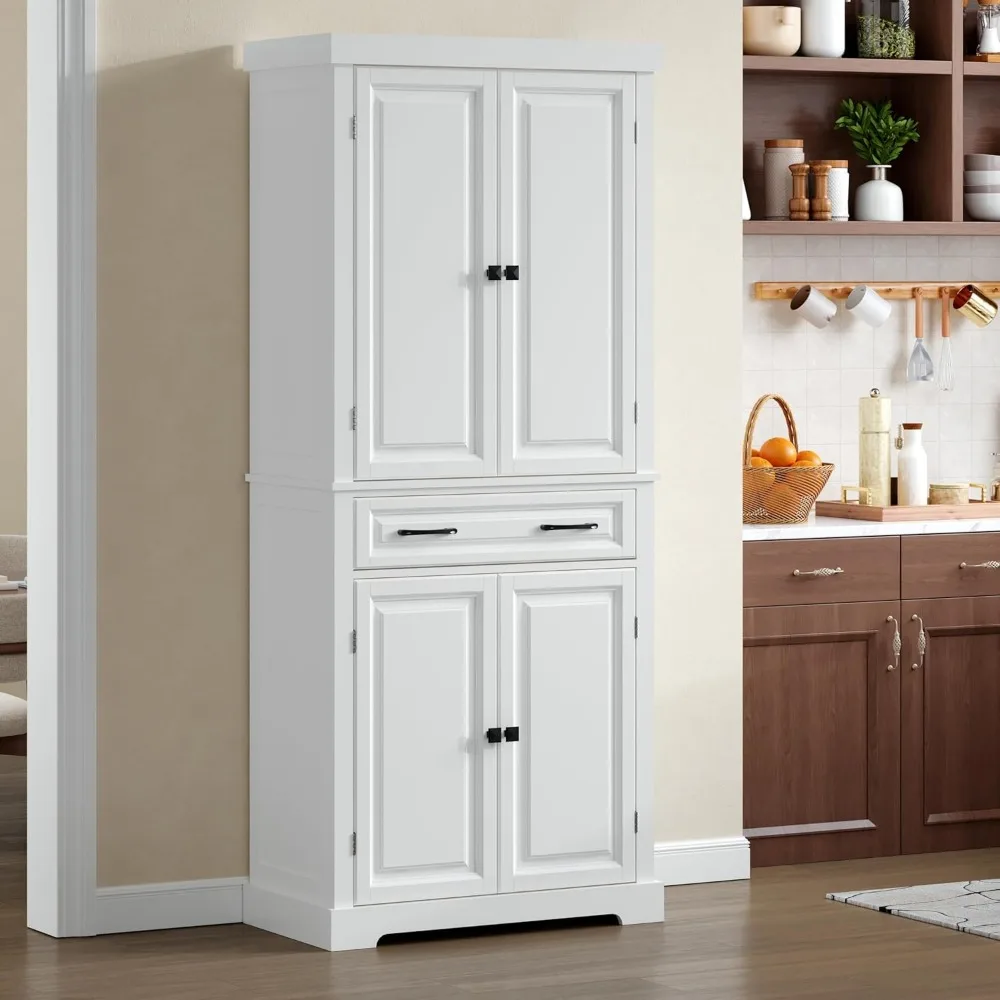 

72 Tall Kitchen Pantry Cabinet, White Wooden Storage Cabinet with Drawer, Adjustable Shelves & Anti-Tip Device, Freestanding Bat