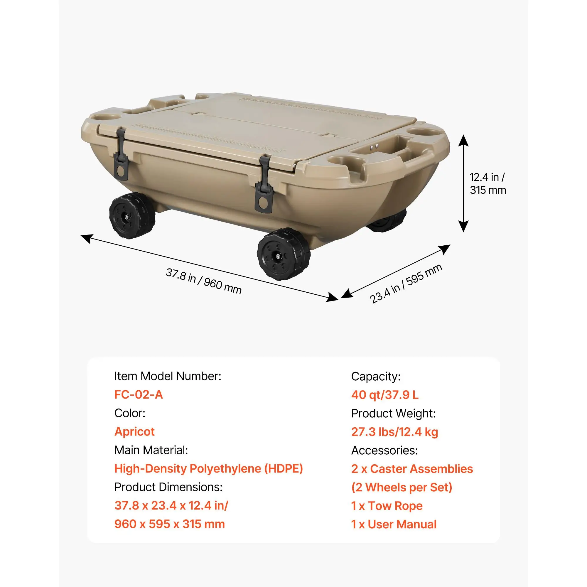 40 QT Floating Ice Chest Cooler with Wheels and Tow Rope, Orange LLDPE Amphibious Drink Cooler for Lake River Pool Beach Kayak