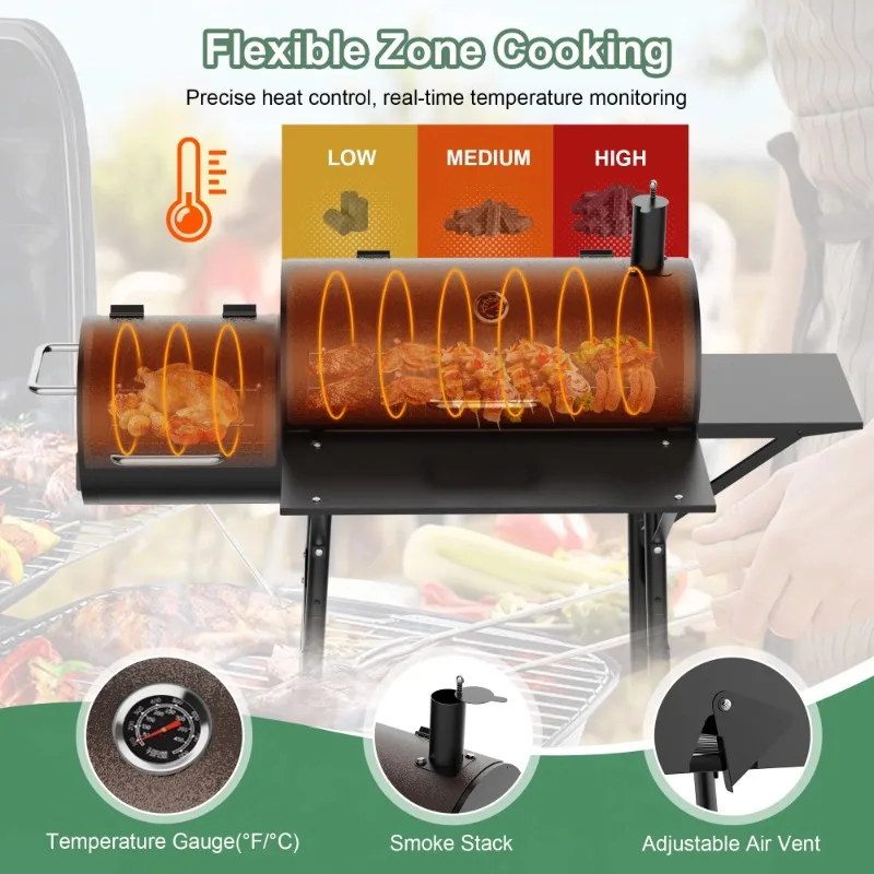 شواية شواء خارجية مع مدخن أوفست للنزهات والتخييم في الفناء الخلفي، باللونين الأسود والبني