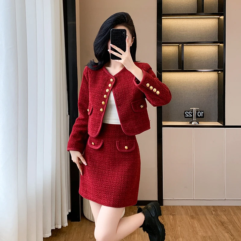 New Year Red Tweed Party Two Piece Set Elegant Women Gold Single Breasted Short Jacket Coat + Long Wool Bodycon Midi Skirt Suits