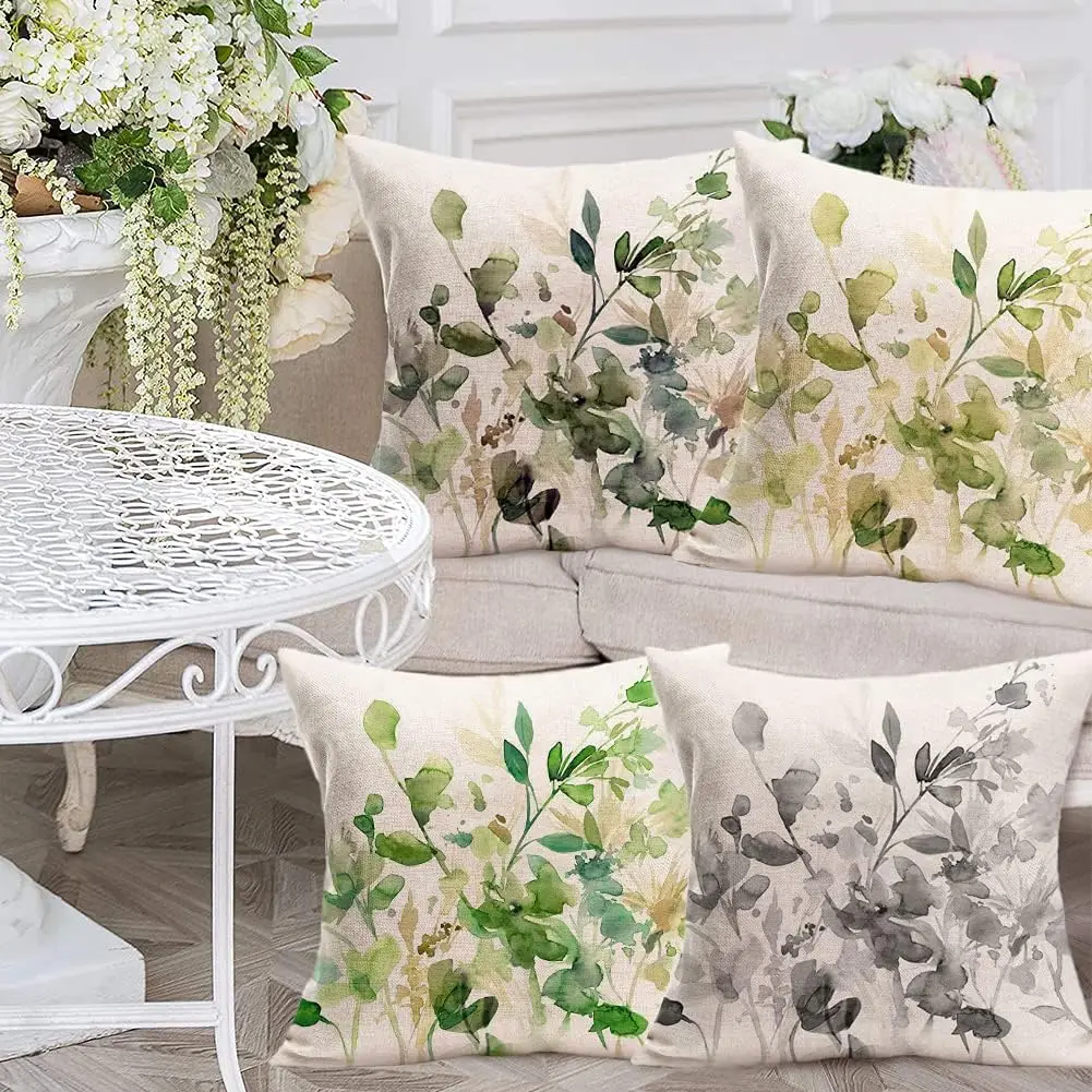 トロピカルプラントデザインのクッションカバー,緑の葉のパターン,家の装飾,ソファ