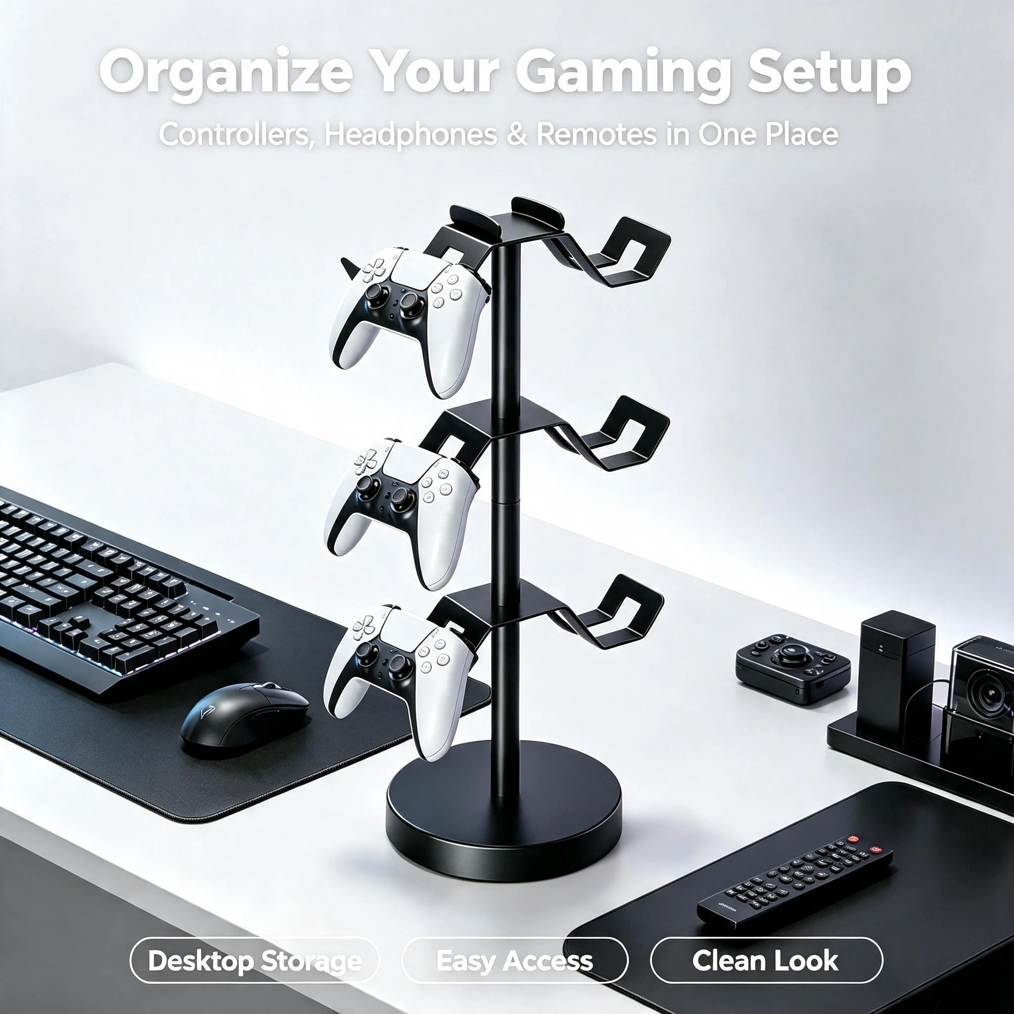 Three-Layer Game Controller Storage Rack, Iron Art Multifunctional Stand for Headphones and Remote Controls, Large Capacity Desktop Vertical Game Controller Holder That Can Hold 6 Switch Controllers, No-Drill Black Weighted Base, 1 Piece