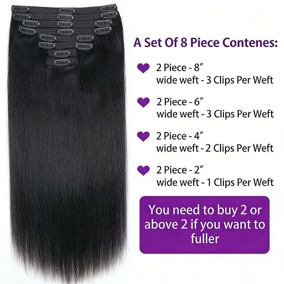 Extensiones sin costura de cabello humano brasileño Remy, natural y suave, 8 piezas, 120g, con clip 2
