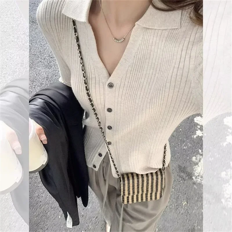

2026 Fashion Long Sleeve Knitted Sweater Women Cardigans White Turn Down Collar Knit Sweater Cardigan Women Tops Women Clothing
