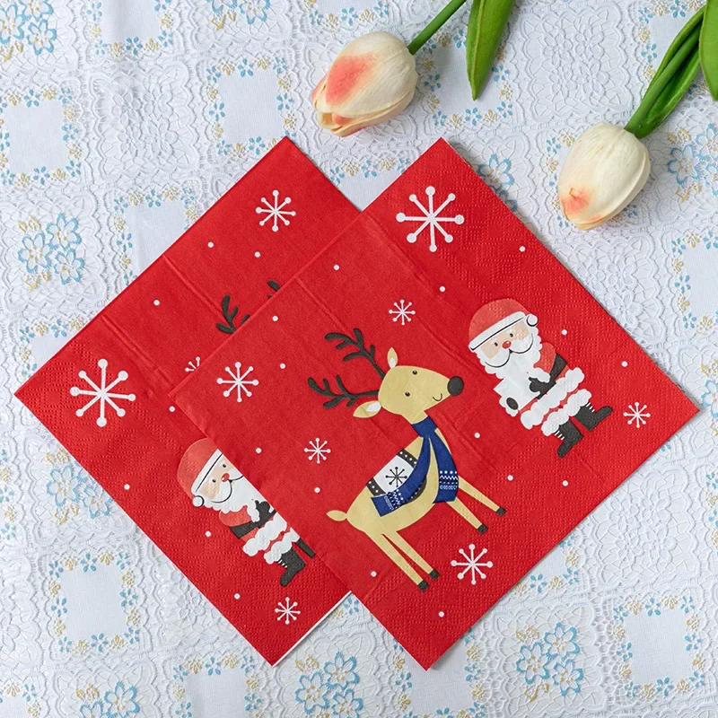 Red Cartoon Santa Claus and Deer Printed Napkins Christmas Party Colorful Handkerchief Square Napkins 2-Ply 20pcs/Pac 33*33cm