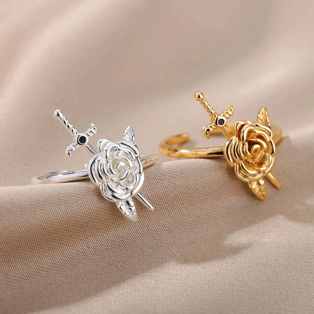 Zircon Sword Rose Flower Rings For Women Gold Color Open Ring Female Fashion Party Finger Jewelry 2026 New Trend