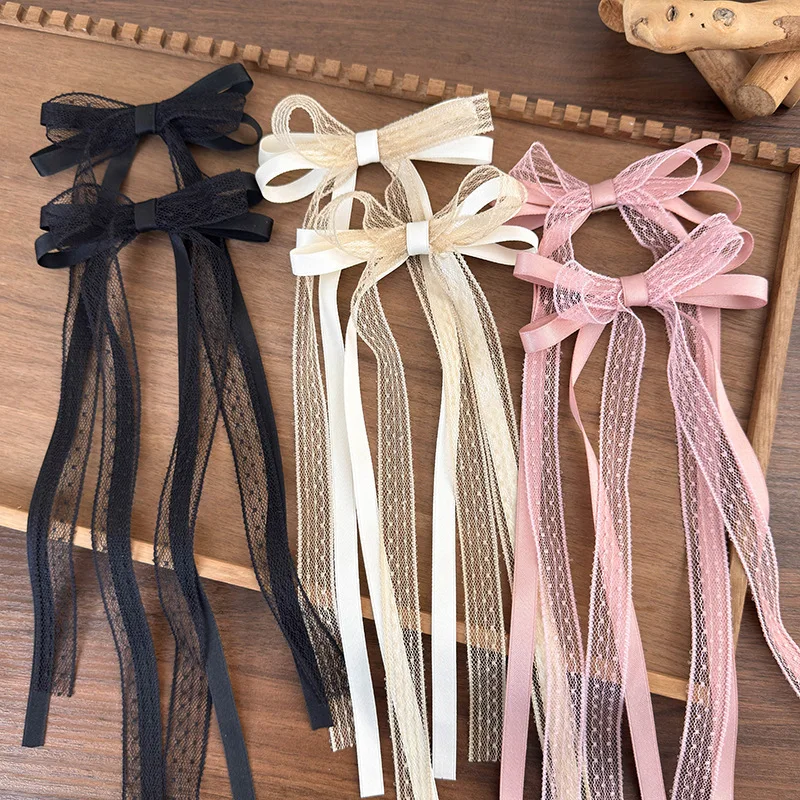 Koreańska koronkowa kokardka spinka do włosów moda długa wstążka spinki do włosów Barrettes opaska dla kobiet dziewczynki słodkie akcesoria do włosów biżuteria ślubna — zdjęcie 3