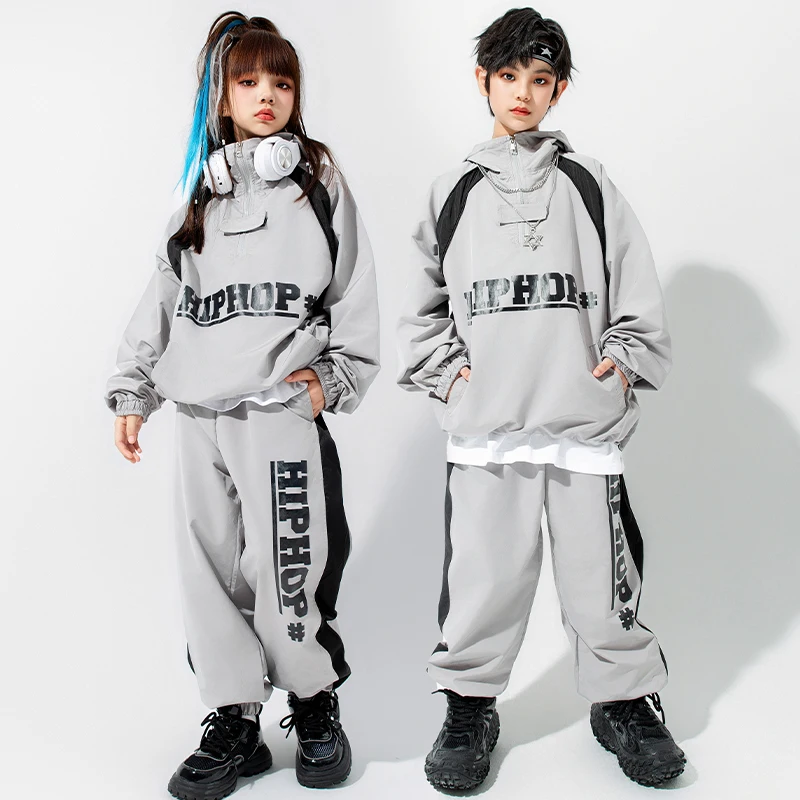 2023 Kids Hip Hop Dance Costume Boys Loose Gray Tops Pants girls Modern Jazz Dance Practice Clothes Performance Suit BL12021