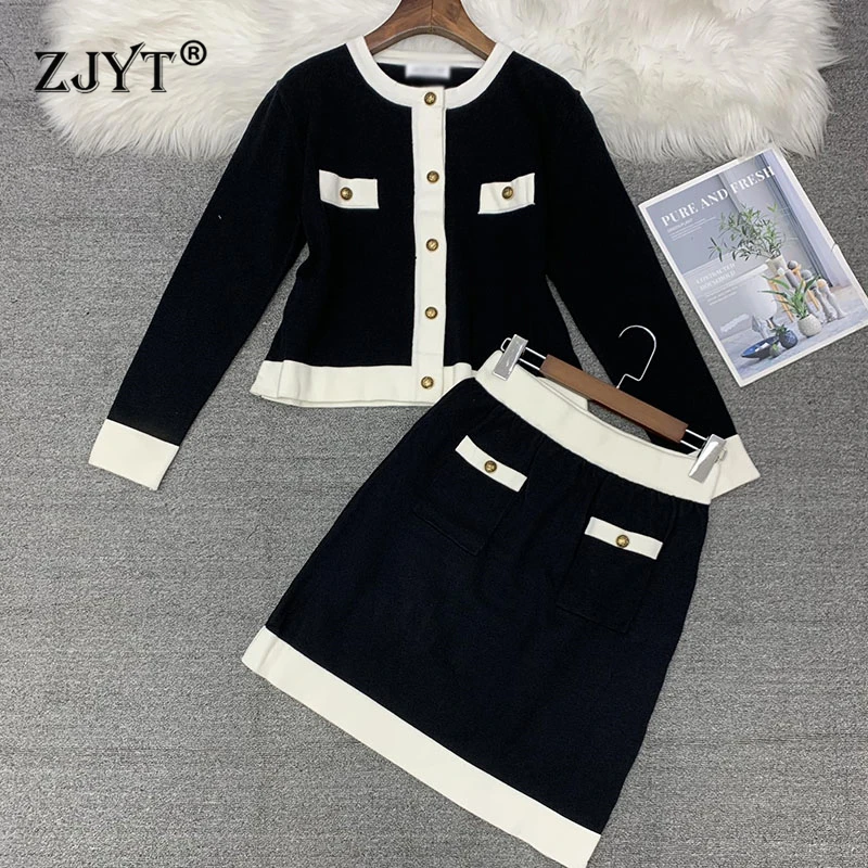 ZJYT Autumn Winter Color Block Cardigan Knitted Sweater Skirt Sets 2 Piece Womens Outfits Long Sleeve Dress Set Black Suits