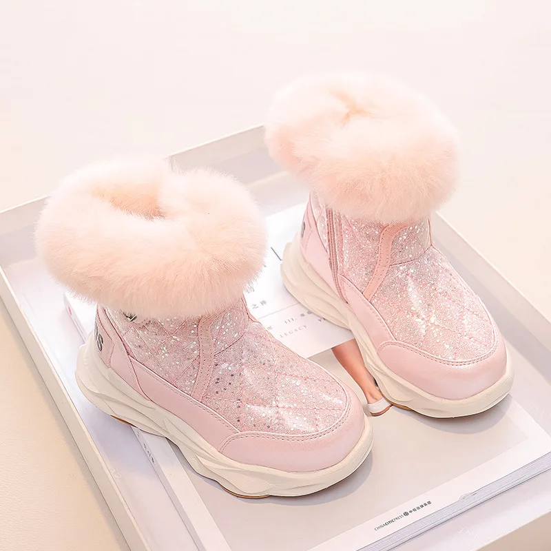 Kids Snow Boots 2023 Winter Toddler Girls Princess Fashion Brand Chelsea Middle Calf Boots Children Warm Fur Waterproof Shoes