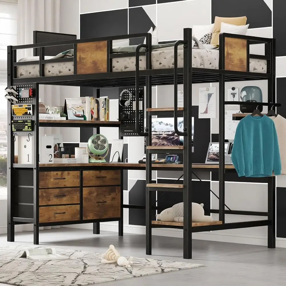 L-Shaped Twin Beds with LED Lights, Charging Station, 5 Drawers, 2 Pegboards, Safety Ladder, Brown