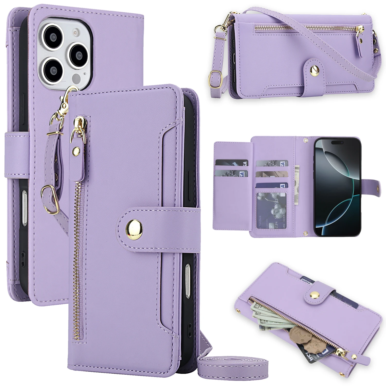 

Кожаный флип-чехол на молнии для iPhone 17 Pro Max 16 15 14 13 12 11 16E 16 Plus, роскошный чехол-подставка RFID с длинным ремешком и сумкой-книгой