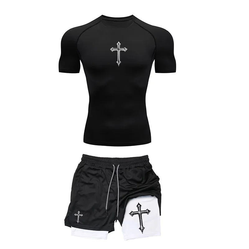 Ropa deportiva de compresión transpirable para correr, camiseta ajustada de dos piezas para entrenamiento de verano para hombre, pantalones cortos de Fitness, conjunto de entrenamiento para gimnasio RL0008