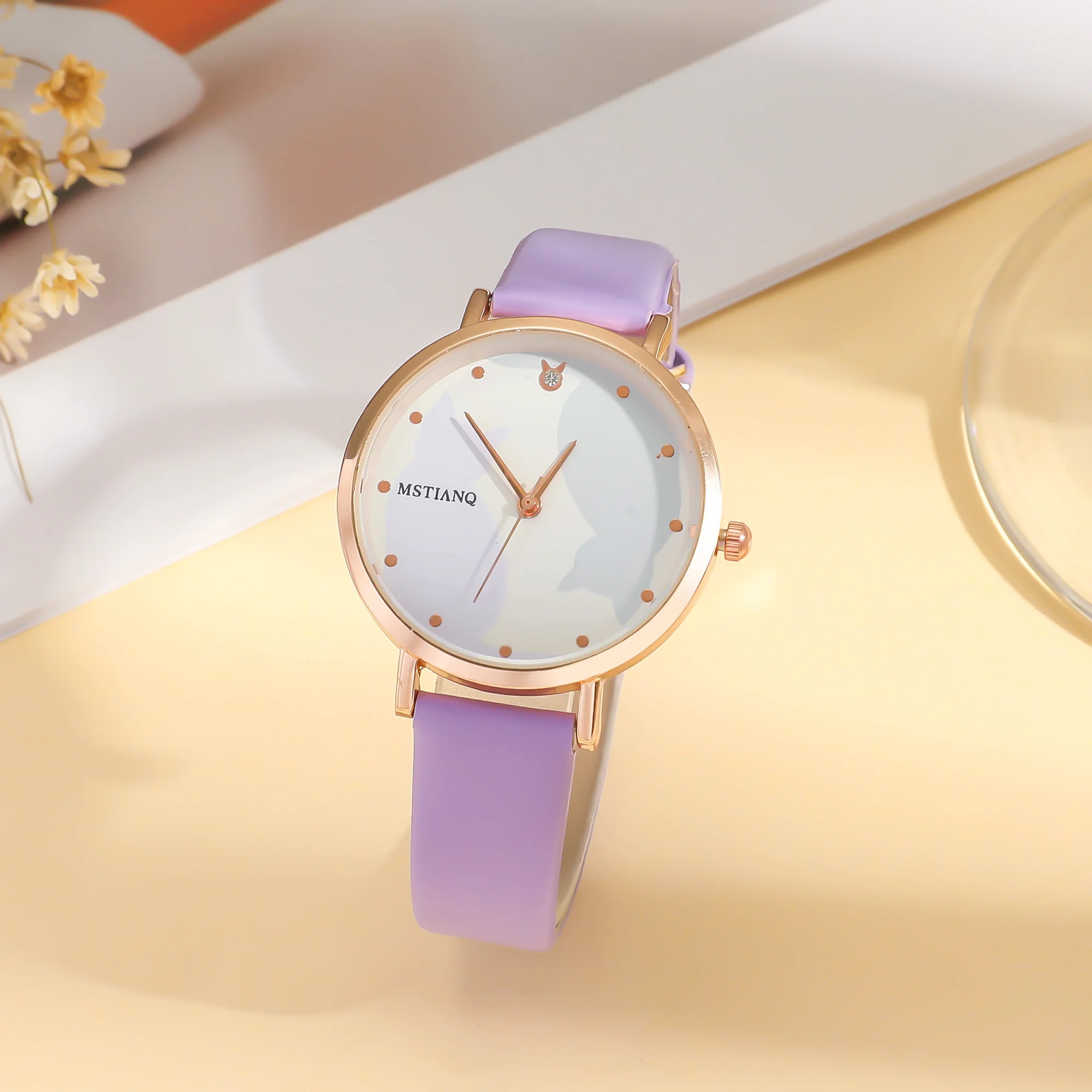 لا يوجد صندوق هدايا؛ ساعة كوارتز بحزام قطة كرتونية لطيفة وسوار من الخرز الكريستالي الأرجواني مكون من قطعتين #5