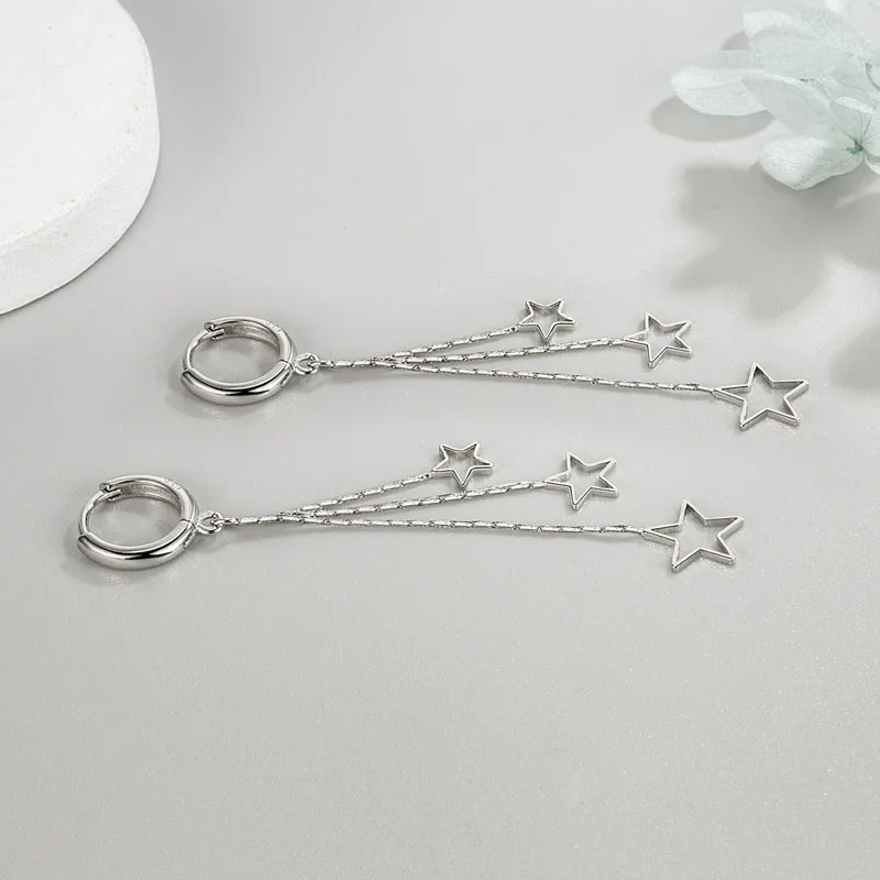 KOFSAC Elegant Popular Three Stars Hoop Earrings For Women 925 Sterling Silver Party Jewelry Beautiful Long Tassel Earring