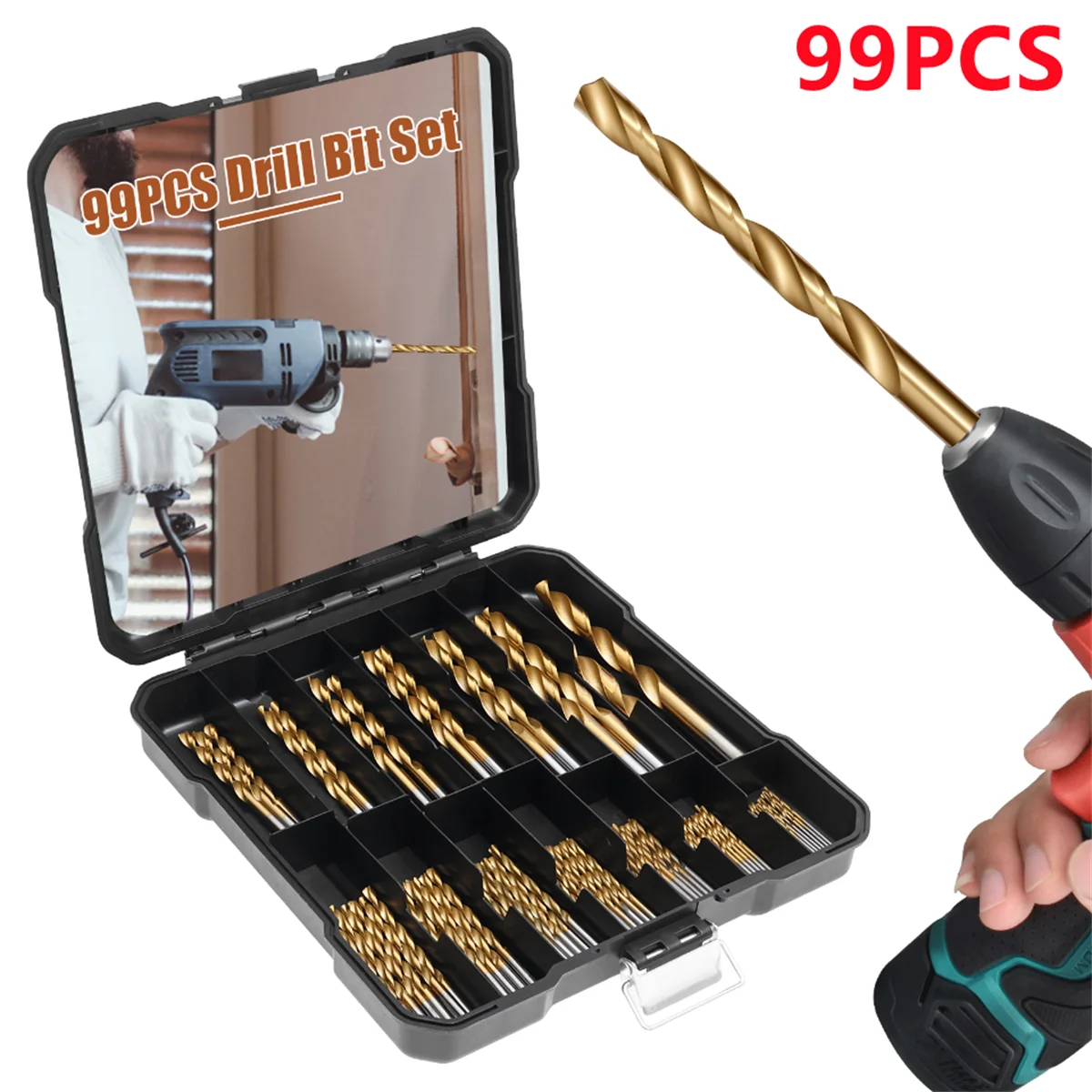 

99pcs 1/16"-3/8" Twist Drill Set Anti-rust Wear Protection Aluminum Alloy High Speed Steel Titanium Coated Drill Bit Landing