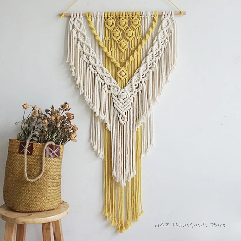 Nordic Macrame Wall Hanging Handmade Yellow and Beige Tapestry Boho Decor Tassel For Living Room Home Decoration 50*95cm