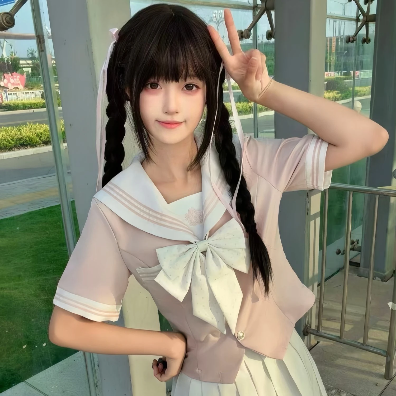 かわいい半袖ピンクのセーラー服フィットウエスト和風学生服カレッジスタイル女子学生コス