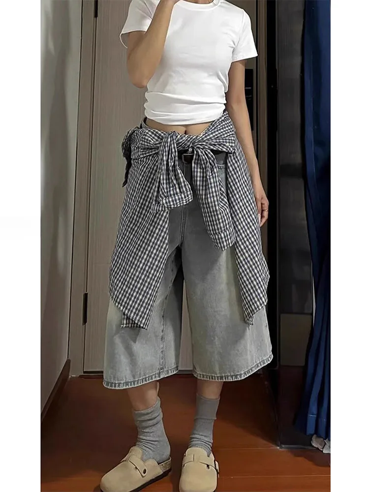 

Широкие джинсы с высокой талией, женские голубые джинсовые капри прямого кроя, повседневная одежда, летняя мода, большие размеры для похудения