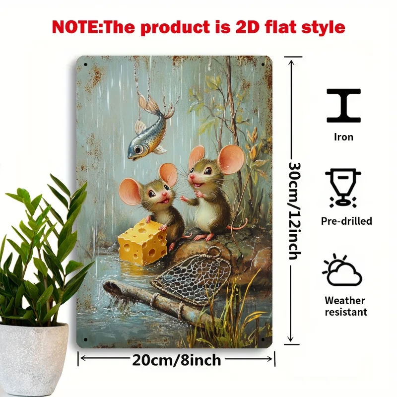 2D Flat, 1pc Vintage Mouse Fishing with Cheese Metal Wall Sign - 8x12 Inch Retro Iron Art Decor Suitable for Balcony, Terrace, S