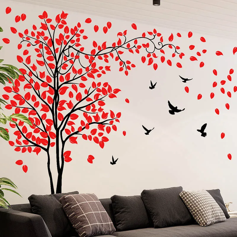 Red Leaves Bird Wall Stickers Removable Vinyl PVC Home Decor Living Room Bedroom