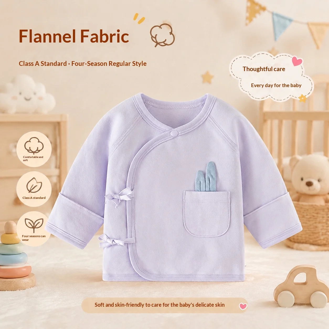 0-3 Months Newborn Half Back Undershirt A Class Soft Cotton Kimono Top Side Opening Tie Knot Solid Orange Cute 3D Bunny Ear Pock