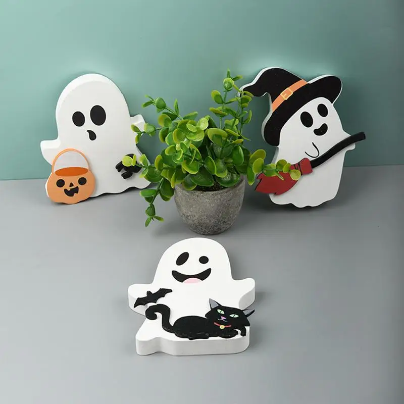 Cute Ghost Decor Spooky Black Cat Bat Witch Broom Ghost Decor For Home Wooden Tiered Tray Decor Table Sign For Party Home Shelf