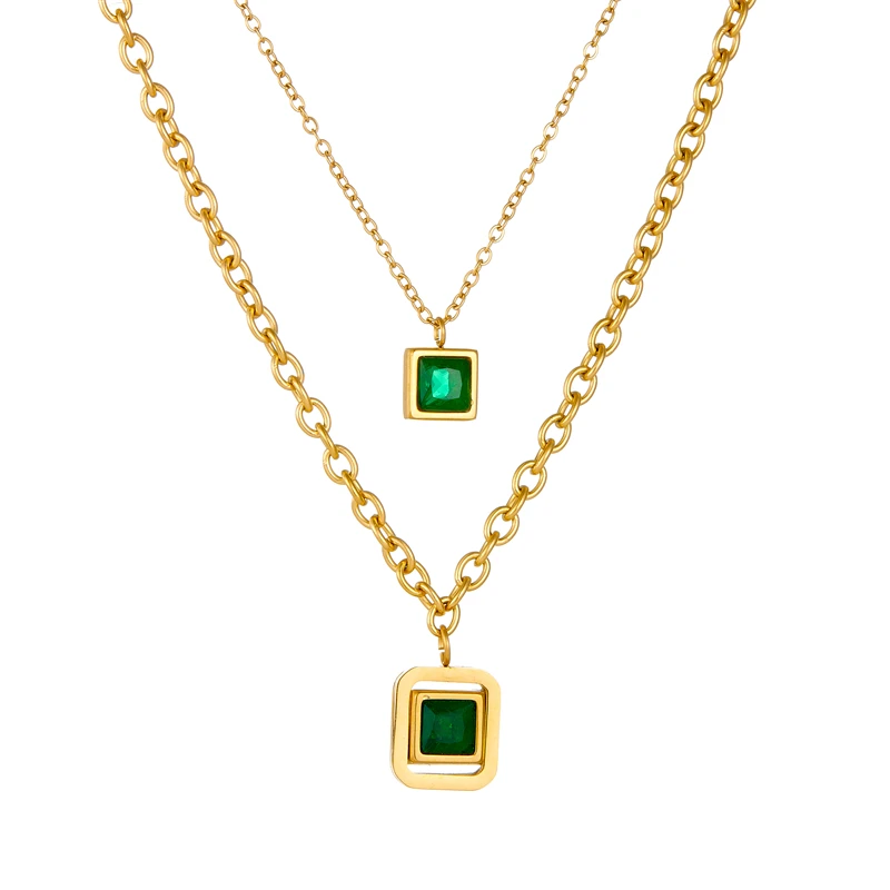 DIEYURO 316L Stainless Steel Square Green Zircon Double-layer Necklace Bracelet Earrings Women New Trend Non-fading Jewelry Set image 5
