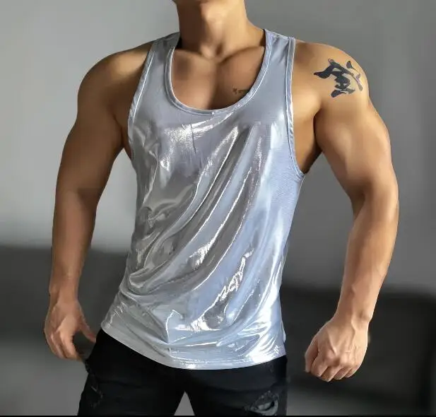 Men's Muscle Fitness Sexy Silver Thin Shoulder Strap Backless Vest Nightclub Male Singer Stage Show DJ Dance Wear