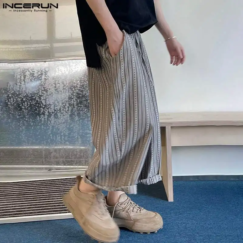 INCERUN Men Long Pants Stripe Stitching Trousers StreetWear Male Vintage Style Bottoms Wide Leg  Elastic Waist Simple Trousers