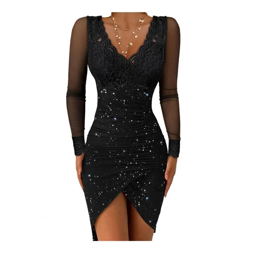 

V-neck Dress Elegant Lace V Neck Evening Dress with Irregular Hem Sequin Detail Slim Fit Sheath Prom Party Dress for Women Women