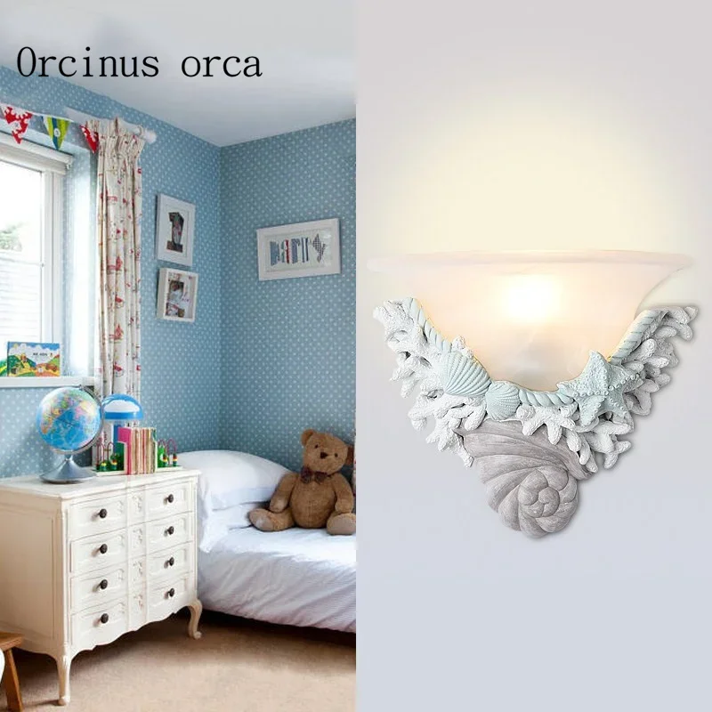 Mediterranean creative shell wall lamp living room aisle bedroom bedside lamp children room European style decorative wall lamp