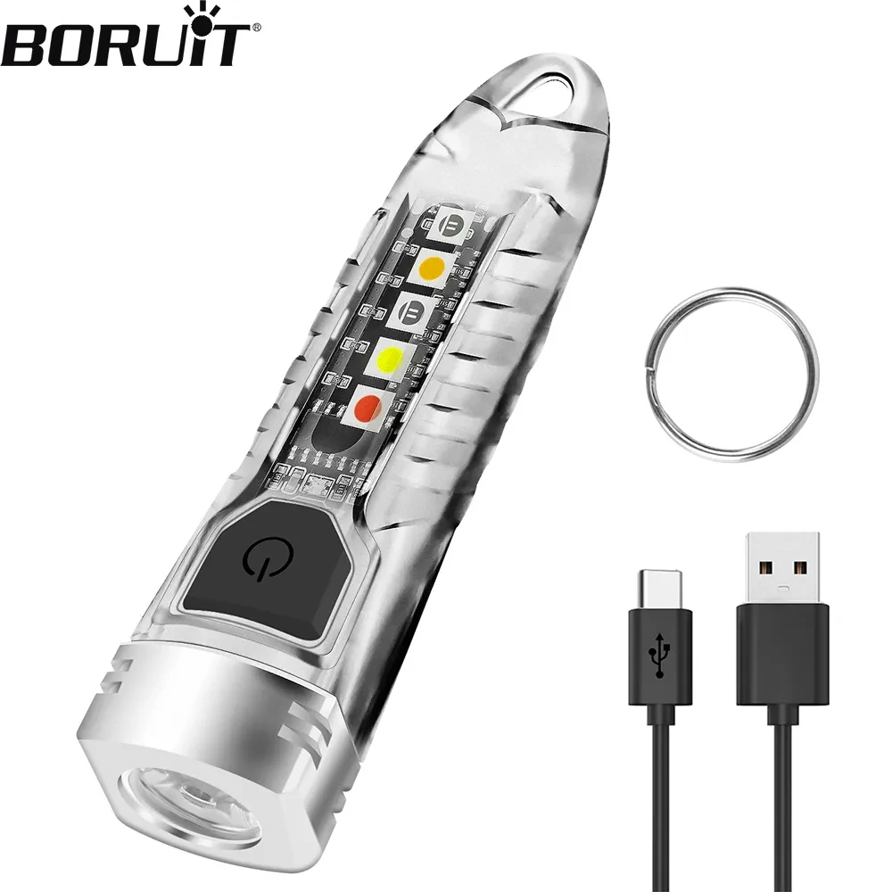 BORUiT V1 LED-Schlüsselanhänger, tragbar, fluoreszierend, EDC-Taschenlampe, Arbeitslicht, Typ C, wiederaufladbar, Mini-Taschenlampe, UV-Camping-Taschenlaterne