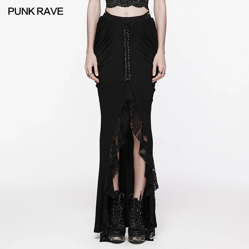 PUNK RAVE Women\'s Gothic Knitted Fabric and Lace Half Skirt Hip Side Pleats Designed Slim Sexy Party Club Black Long Skirts